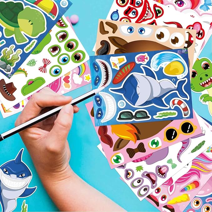 24 sheets make a face stickers for kids toddlers, make your own animal mix and match sticker sheets with sea animals horses dinosaurs unicorns for kids crafts party favors goodie bags stuffers