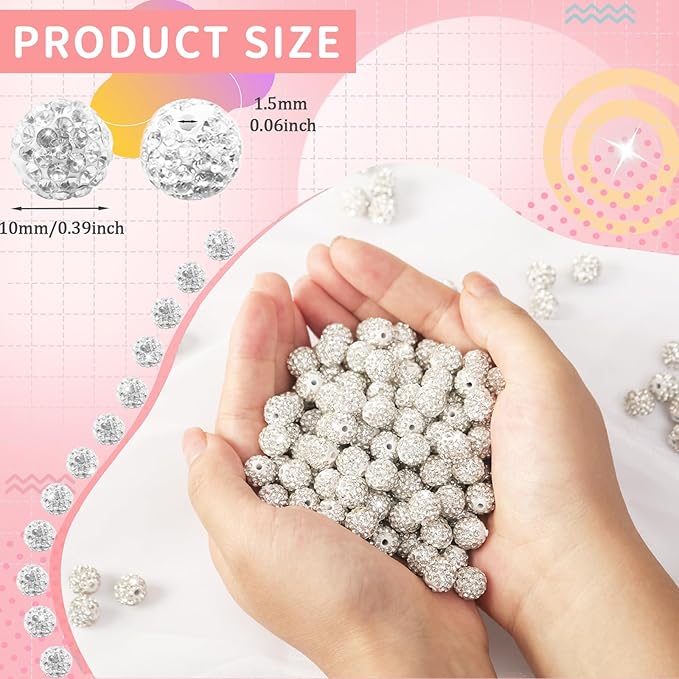 100 Pcs 10mm Rhinestone Beads for Jewelry Making, White Shiny Round Shamballa Disco Baseball Necklace Beads Sparkle Crystal Clay Pave Rhinestones Bead for DIY Bracelet Earring Craft Making Supplies