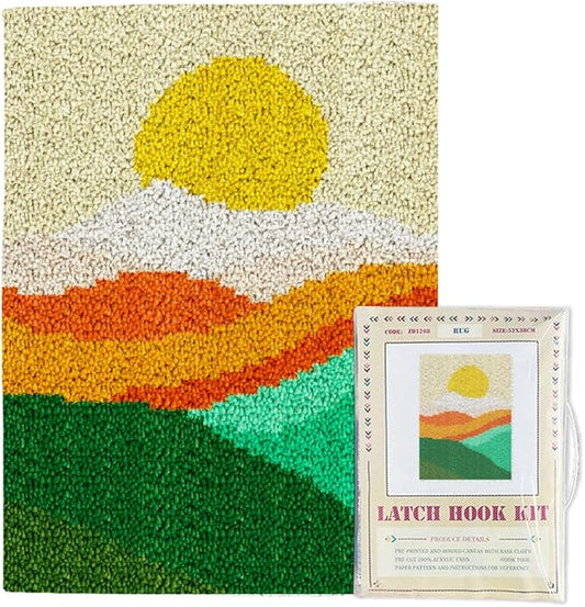 ORIGACH Landscape of Sunset Mountain Latch Hook Rug Kits, Color Stamped Grid Cloth Handmade Rug, Pattern Printed Carpet Kit, DIY Crochet Rug for Adults Home Decoration Festival Gifts 52 x 38 cm