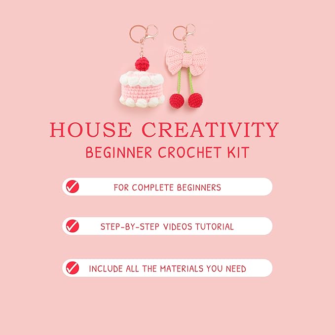 HOUSE CREATIVITY Crochet Keychain Kit for Beginners – Make 2 Cute Cake & Bow Charms, Amigurumi Crochet Starter Kit with Video Tutorial, Yarn & Keyring, DIY Bag Charm Gift