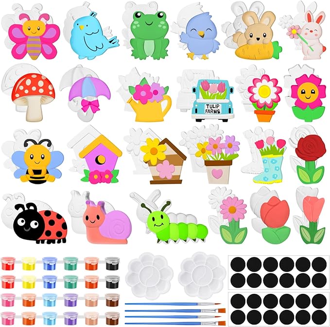 WinnerWhy 24 Set DIY Spring Garden Ceramic Crafts Kit Paint Your Own Figurines Ready to Paint Bisque Figurines Crafts Arts with 24 Magnets 4 Brushes and 2 Palette Ceramic Painting Kit for Adults