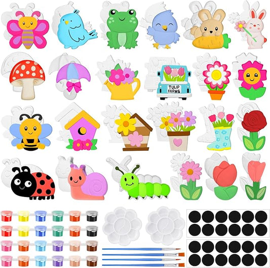 WinnerWhy 24 Set DIY Spring Garden Ceramic Crafts Kit Paint Your Own Figurines Ready to Paint Bisque Figurines Crafts Arts with 24 Magnets 4 Brushes and 2 Palette Ceramic Painting Kit for Adults
