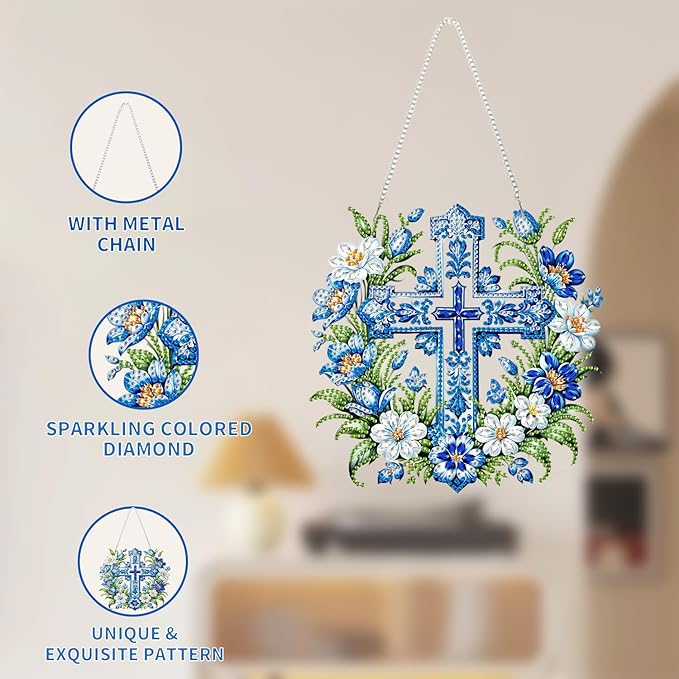 AIBOERL Diamond Art Hanging Kit for Adult,Special Shaped Rhinestone,Double Sided 5D DIY Acrylic Diamond Art Painting Window Pendants Home Garden Wall Hanging Kits Hanging Ornament (Cross)