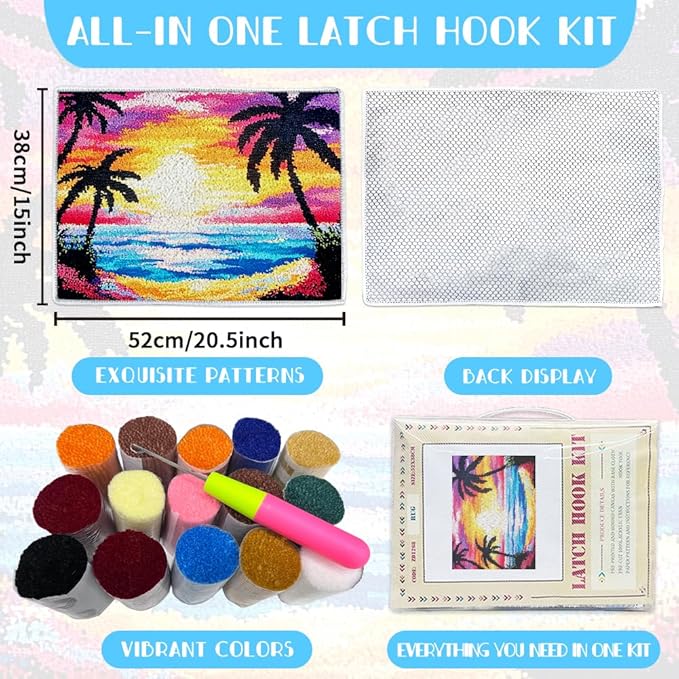 ORIGACH Sunset by The Beach Latch Hook Rug Kit for Adults Printed Rug Making Kit Handmade Carpet Tapestry Cover with Hook Latch and Preprinted Canvas, Home Arts Crafts Sofa Decor, 20.5x15inch