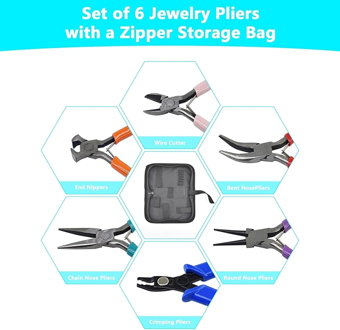 6Pcs Jewelry Pliers Making Tools Kit for Necklace, Bracelet, Earrings or Repairing, Include Wire Cutters, Nose, Crimping, Bent Nose Pliers, End Nippers for Beading Craft