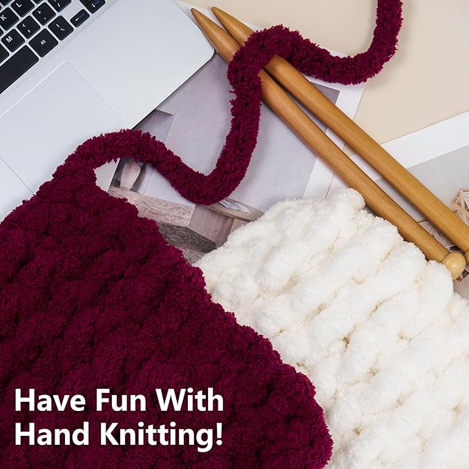 Chunky Yarn for Hand Knitting - #10 Chunky Chenille Yarn, Jumbo Big Thick Chunky Yarns for Crocheting, Super Bulky Chunky Knit Blanket Yarns, 8 Skein (25yd, 8oz/Skein), Cream & Wine