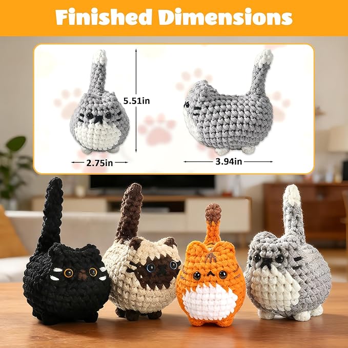 Esoes Crochet Kit for Beginners-4PCS Cat Crochet Kits for Adults, Amigurumi Crochet Animals Cat Crafts Crochet Kits, Holiday Gifts