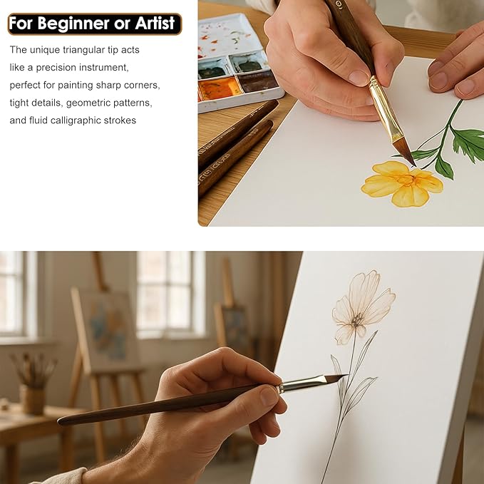 Wedge Paint Brushes for Watercolor,Oil, Acrylic, and Gouache Paint, Pointed Triangle Pinstriping Artist Brush Set with Short Handle