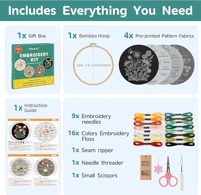Meyocky Embroidery Kit for Beginners, 4 Pack Starter Embroidery Kits for Adults Learn 31 Stitches with Simple Patterns, Step-by-Step Video Stitch Practice Sampler Kit,Gift for Women Craft Lovers