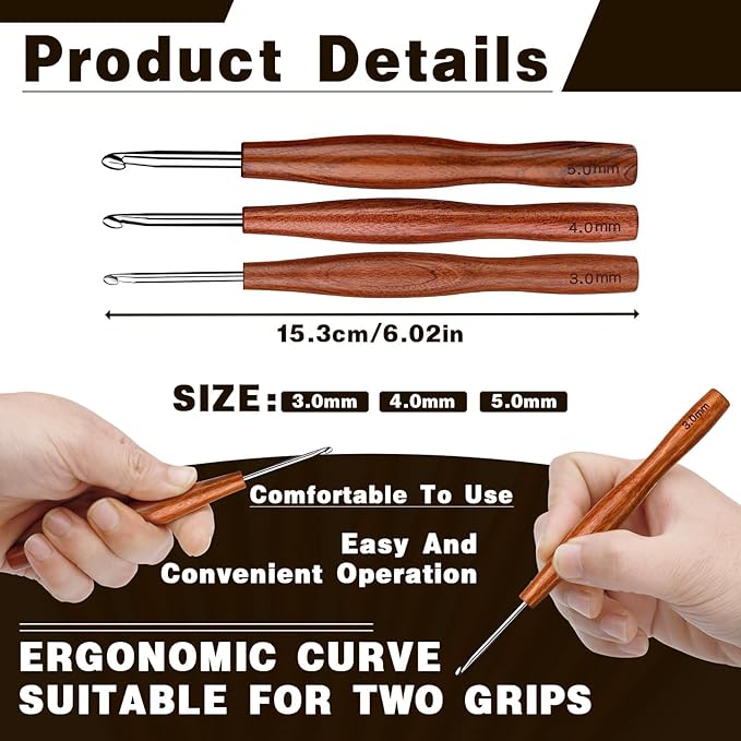 Nitlak Crochet Hooks Set, 3 Size Aluminum Ergonomic Crochet Hooks with Wooden Handle for Arthritic Hands, Beginners, Crochet Needles for Knitting Sweaters, Scarves and Blankets(3mm/4mm/5mm)