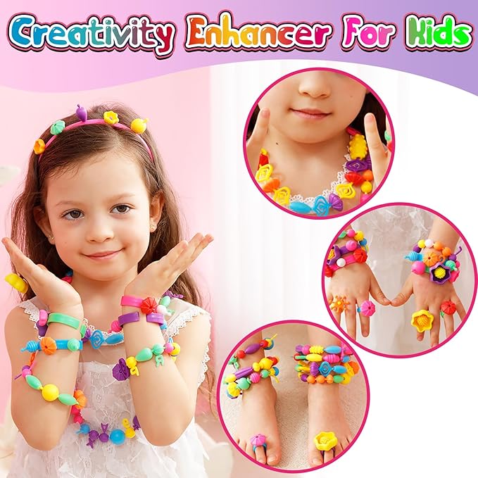 850pcs pop beads - jewelry making kit for 3 4 5 6 7 8 year old little girls, arts and crafts toys for kids, necklace bracelet ring hairband creativity snap set birthday valentines day gifts for kids