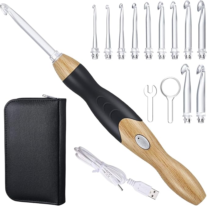 Chuangdi 11 Sizes Lighted Crochet Hooks Set Rechargeable Crochet Hook Light up Hooks with Case, Interchangeable Heads 2.5 mm to 8 mm for DIY Craft Supplies(Wood Color-Black)