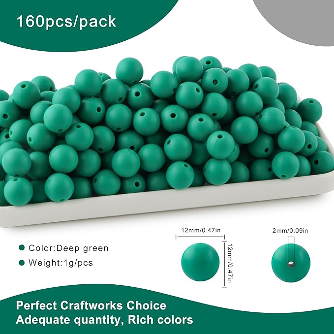 160Pcs 12mm Silicone Beads for Keychain Making Bracelet Necklace, Bulk Round Silicone Beads for Pens（Deep Green）