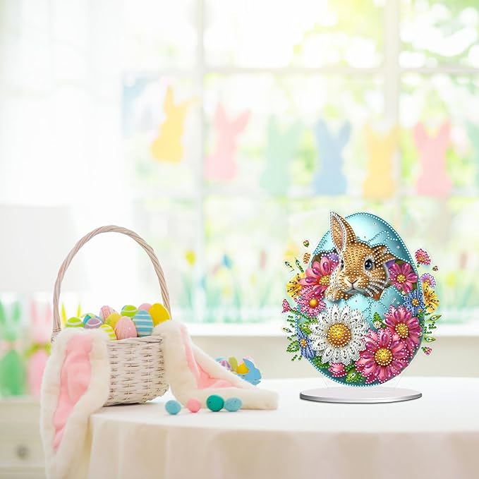 DIY Dot Diamond Desktop Easter Creative Ornaments Diamond Art Painting by Number Embroidery Arts and Crafts Easter for Home Office Garden Decoration (Single Side Dot Diamond)-23-Easter Bunny Egg