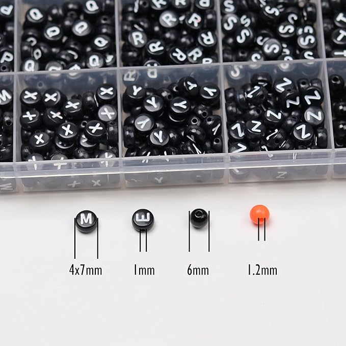 Melius Acrylic Black Letter Beads with Black and Orange Round Beads, 1450 Pcs Round Alphabet Beads in 28 Grid Box for Jewelry Making, DIY Friendship Bracelets, Necklaces, Key Chains