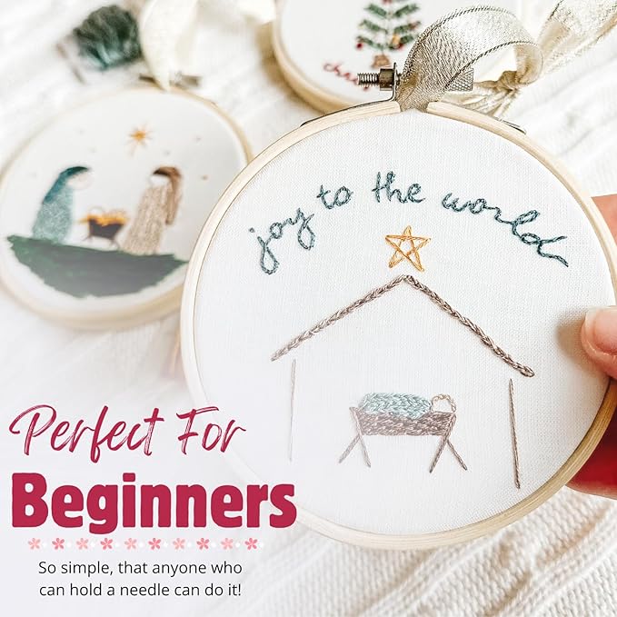 elly & grace christian embroidery kit with embroidery hoop, easy embroidery kit for beginners and adults, full embroidery hoop kit with needles and thread included (joy to the world)