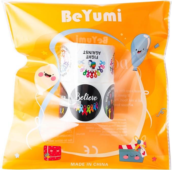 beyumi cancer awareness roll stickers - 1000pcs cancer awareness stickers in 2 rolls waterproof vinyl colorful ribbon round decals laptop bottle notebook luggage gift oncology nurse women decor