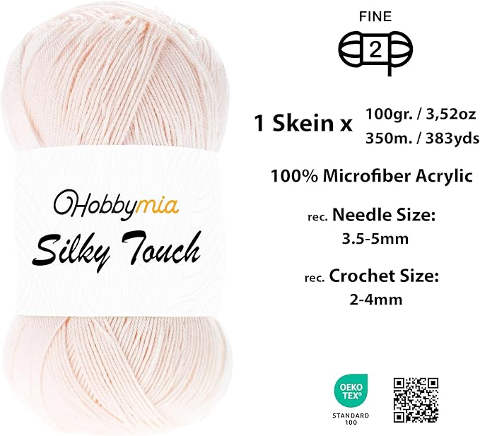 Silky Touch Acrylic Yarn - Soft Sport Weight Yarn for Crochet & Knitting - 100g / 383yds - 100% Microfiber Acrylic - Lightweight Fine Smooth Yarn(Pink - Light Peach, 1 Skein)