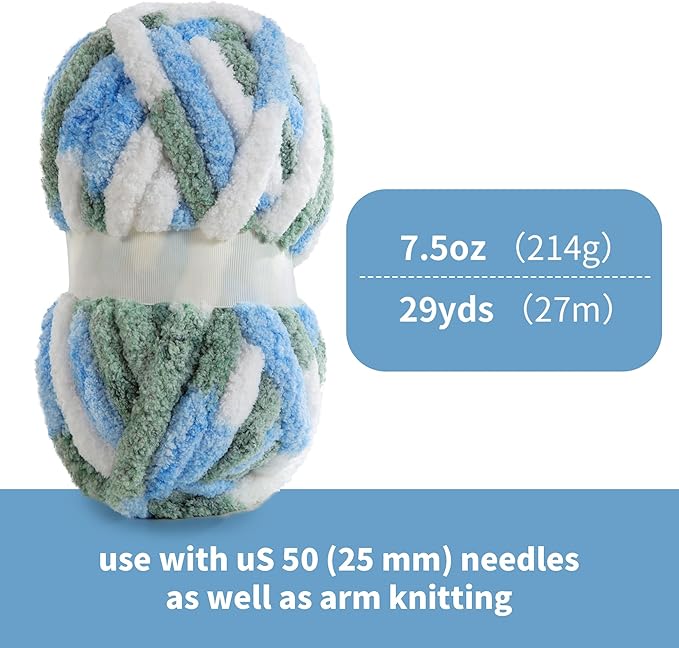 HOMBYS Chunky Tie Dye Mix Chenille Yarn for Hand Knitting, Super Bulky Jumbo Yarn for Crocheting, 3/4" Thick Soft Plush Yarn for Blankets, 8 Skein Pack (26 yds / 7.5 oz Each) Sky Blue,Green,White