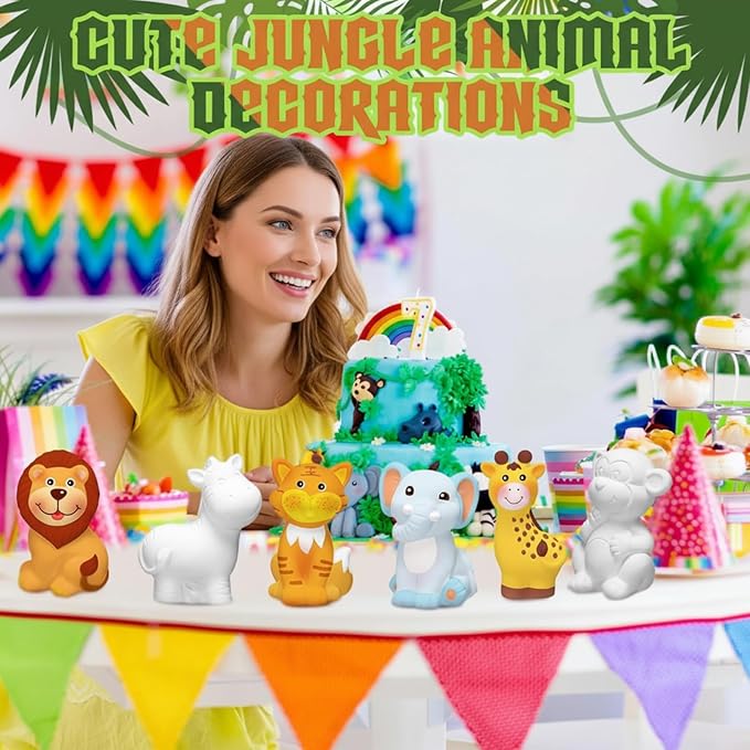 Gemscream 6 Sets Animal Painting Craft Kits Wild Animal Ceramics to Paint Safari Ceramics Ready to Paint for Activities Figurines Art Supplies Gifts(Jungle)