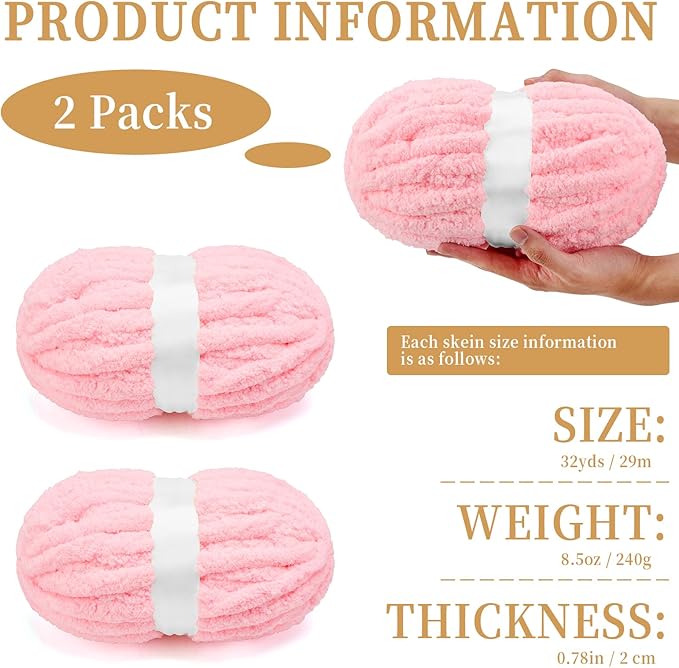 Chunky Chenille Yarn for Crocheting/Arm Knitting, Super Soft Jumbo Knit Blanket Yarn Pink 2 Pack (32 yds, 8.5 oz Each Pack)