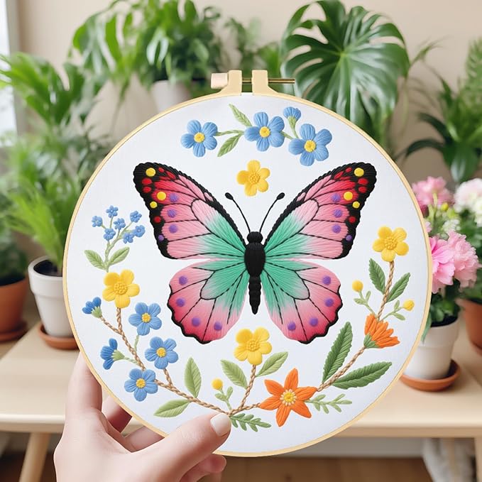 ORIGACH 6 Pack Butterfly & Flower Wreath Embroidery Kits for Beginners, DIY Starter Hand Embroidery Kit with Floral and Butterfly Patterns and Instructions for Adults Women Crafting