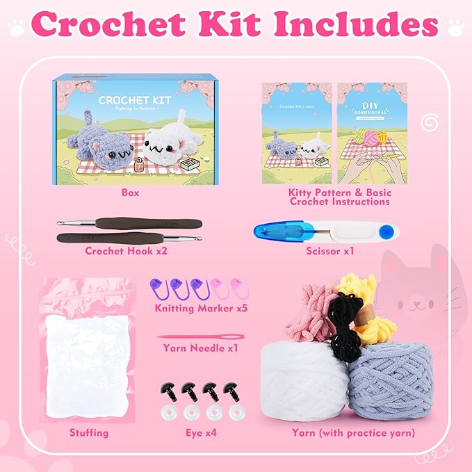 Crochet Kit for Beginners-2PCS Kitty Crochet Kit with Step-by-Step Video Tutorials, Crochet Starter Kit for Adults, Learn to Crochet Cats, Beginner Crocheting Kit Easy Peasy Yarn Gifts for Birthday
