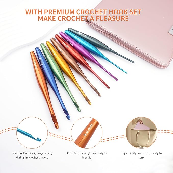 BsHooker Inline Crochet Hook Set Ergonomic Aluminum Crochet Hooks with Case Crochet Set for Arthritic Hands,Crcohet Gift for Beginner(3.5mm-8mm)