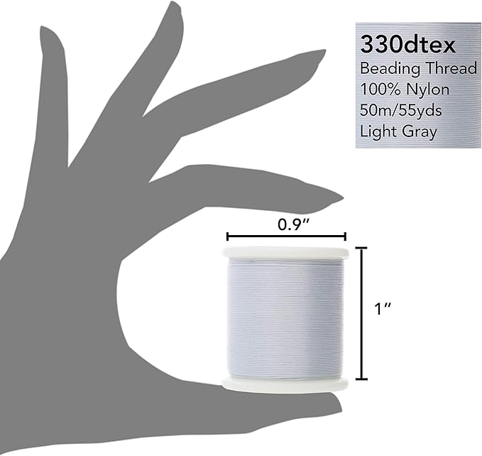 KO Nylon Beading Thread, Light Grey Color, Japanese Pre-Waxed 100% Nylon, 330TEX, Tangle Resistant Knotting Cords, 50m /55 yds Spool, Use for Seed Bead Projects, Loom Work & Bead Weaving