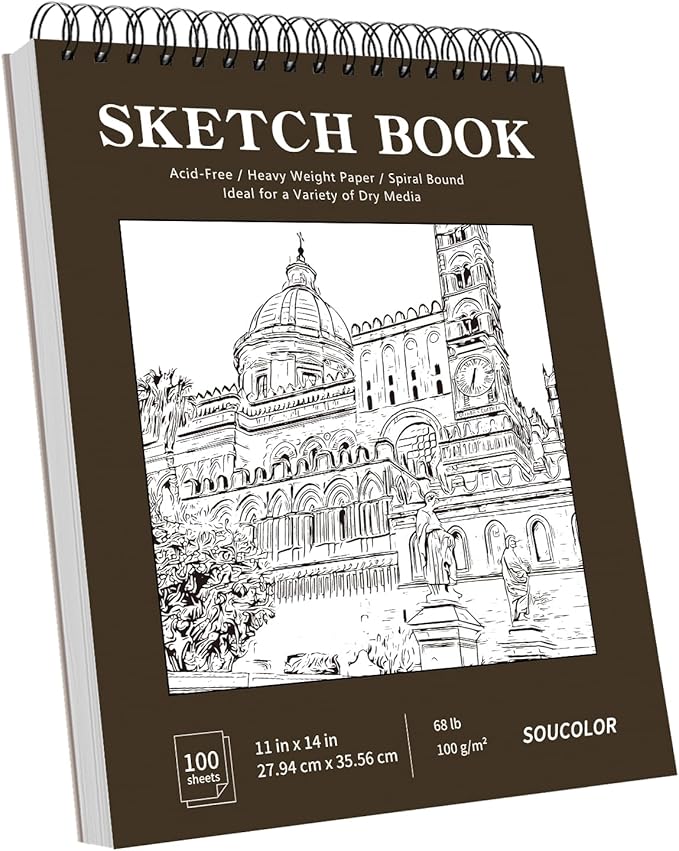 soucolor 11" x 14" large sketchbook, 100 sheets 68lb/100gsm top spiral bound large sketch pad, acid free big sketch paper for drawing, illustration, art class