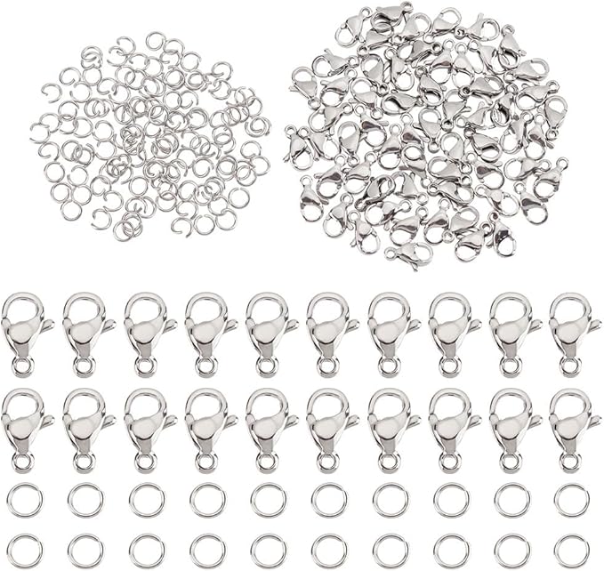 PH PandaHall 60pcs 304 Stainless Steel Lobster Clasps with 120pcs 4mm Open Jump Rings Jewelry Clasp Connector Bracelet Clips Closures for Earring Bracelet Necklace Pendants Waist Chain DIY Craft