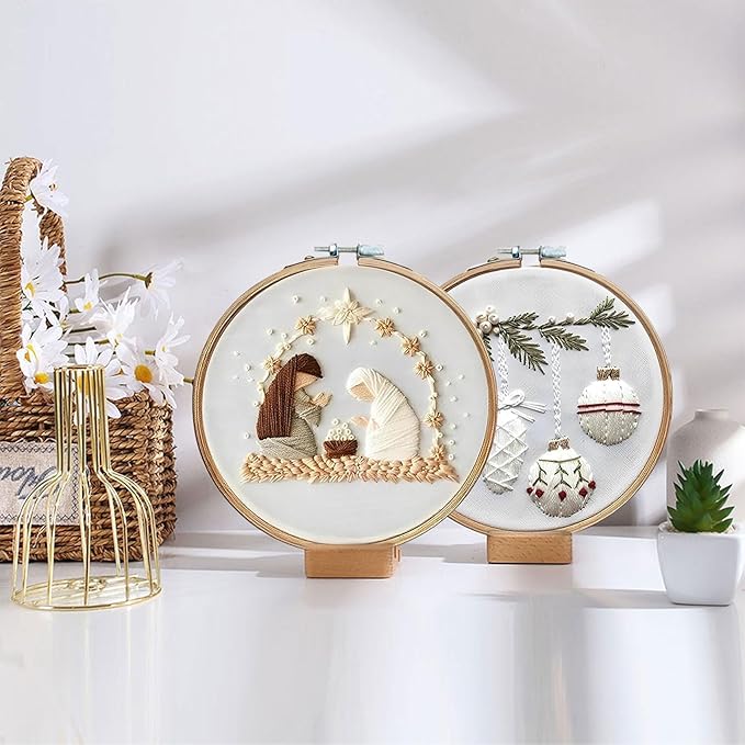 LB Christmas Embroidery Kit for Beginners: 4-Piece Cross Stitch Set with Green Plant, White Snowflake & Gnomes | Adults DIY Starter Kit Includes Hoop, Threads and Tools