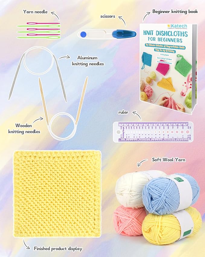 Katech Beginner Knitting Kit for Adults-Includes Book, Needles, Soft Yarn-Art Craft Kit for Learning to Make Dishcloths