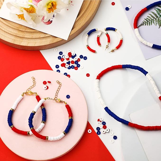 Batiyeer 3000 Pcs Red White and Blue Clay Beads Bracelet Making Kit 6 mm Patriotic 4th of July Spacer Beads Heishi Polymer Clay Bead for Necklace Earring Bracelet Making