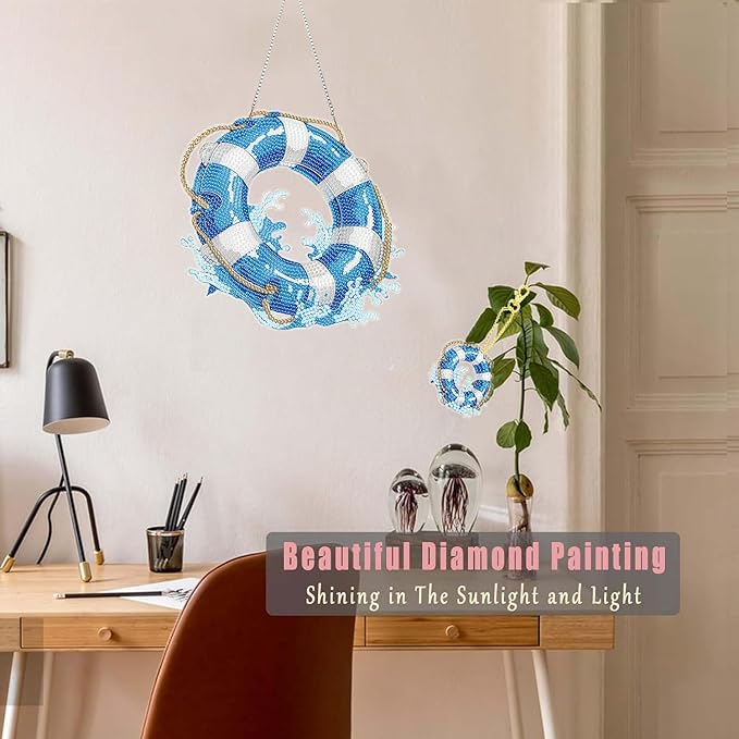 Masendp Hanging Diamond Art Decoration Kit 5D Diamond Painting Kit, DIY Swimming Ring Ocean-Themed Diamond Art Kit Suitable for Beginners and Adults, Home Wall and Garden Decoration