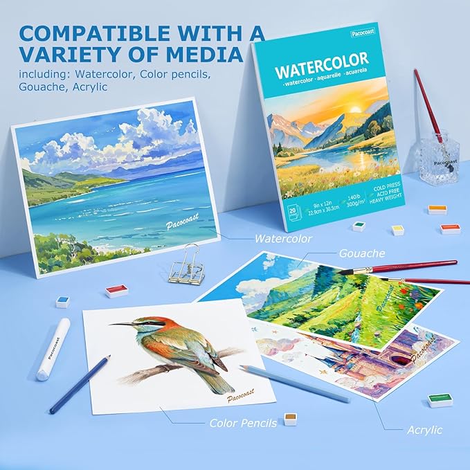 Pacocoast 9"X12" Watercolor Paper - Pack of 2 (40 Sheets), Glue-Bound Cold Press Art Paper, Artist-Grade Sketchbook, Water Color Journal Notebook, Ideal for Adults, Beginners, Teal