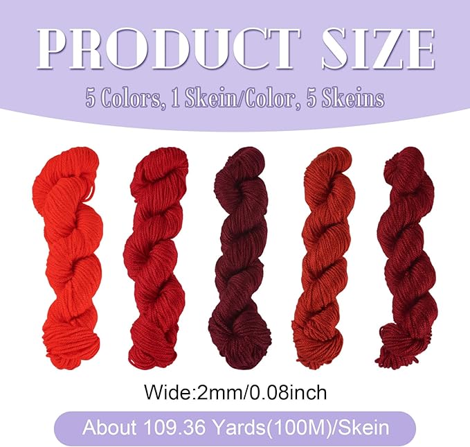 Cheriswelry 5 Skeins Red Theme Acrylic Fiber Yarn for Knitting 2mm Soft Craft Sewing Cord Threads for Weaving Multicolor Skeins Yarn kit for Crochet Beginners Adults