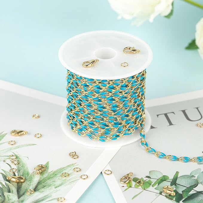 YOUBEIYEE 2 Meters Lake Blue Enamel Cable Chains Bulk Gold Plated Chain for Jewelry Making Brass Chain Necklace DIY Jewelry Supplies