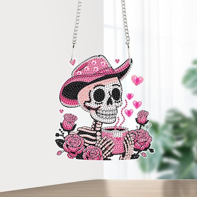 AiYuanzsh DIY 5D Diamond Art Hanging Rose Skull, Pink Skeleton Wall and Door Pendant, Diamond Painting Ornament with Rhinestones for Halloween, Western, Valentine’s Day Home Decor