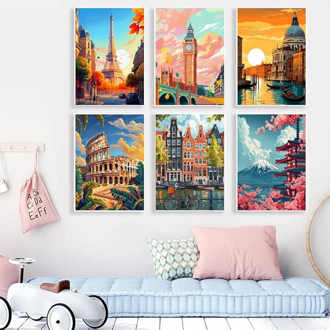 6 Pack Stamped Cross Stitch Kits for Adults - Cross Stitch Kits for Beginners,11 CT Famous Cityscape Cross Stitch Patterns Dimensions DIY Counted Cross Stitch Kits for Adults Arts Craft 12x16 inch