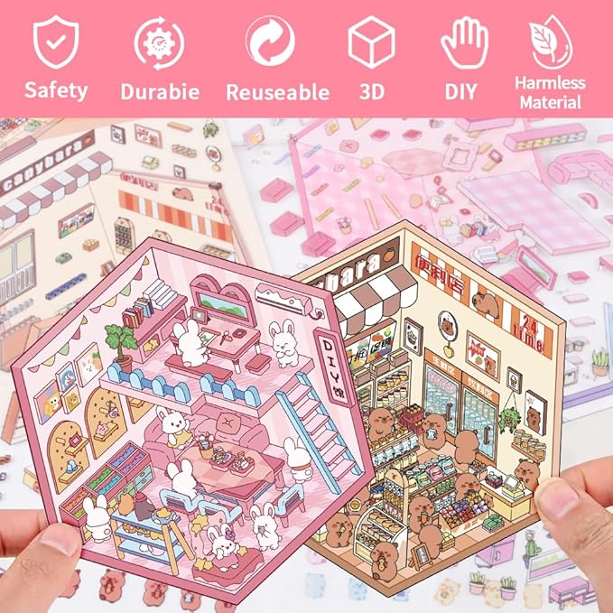 Scrapbooking Supplies Kit,DIY 3D Stickers Scene,3 Set Funny DIY Sticker Scenes,Make Your Own Cute 3D Miniature Room Scene Stickers for Adults Relief Stress Pass The Time.20-1-2