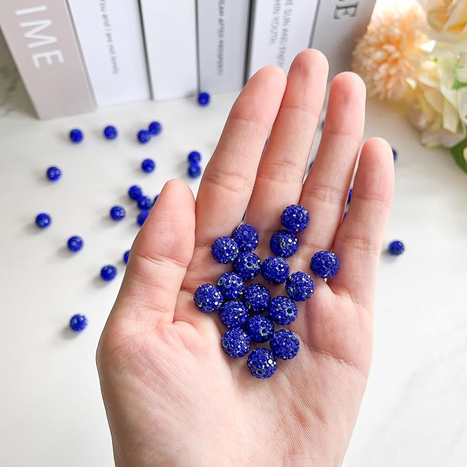 100 pcs 10mm Rhinestone Beads for Jewelry Making, Sapphire Shiny Round Disco Ball Bead, Bulk Polymer Clay Rhinestone Beads Crystal Diamond Bead for Bracelet Necklace Earring Crafting