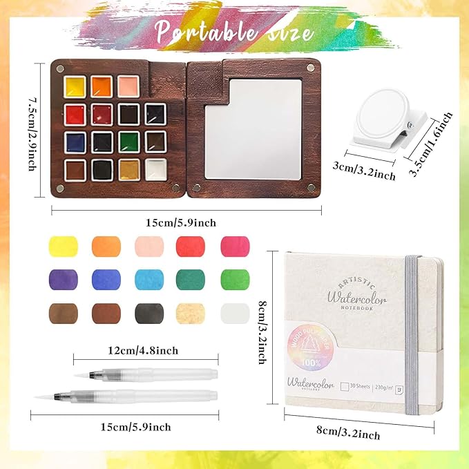 Mini Paint Palette Travel Kit - Mini Travel Watercolor Palette Set, Pocket Artist Water Color Travel Set with Colours, Binder Clips, Watercolor Pens, Wooden Paint Box for Painters Artists Students