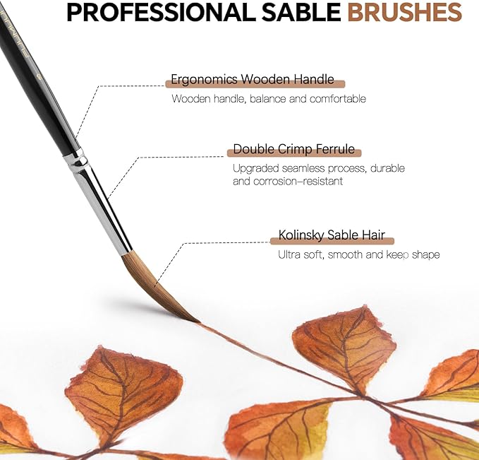 Watercolor Brushes Professional, Fuumuui 2pcs Kolinsky Sable Brushes, 1pc Pure Squirrel Mop Wash Round Brush & 1pcs Extended Needle Point Brush Perfect for Watercolor Acrylic Gouache Inks