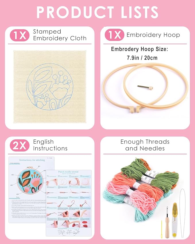 TINDTOP Punch Needle Kits, Tulip Punch Embroidery Kits for Adults Beginner, Tool with Punch Needle Fabric, Hoops, Yarns and Sewing Needles