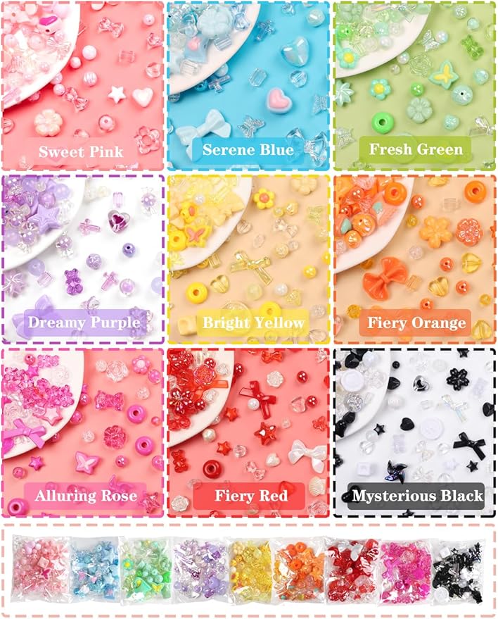 HSONAIGEE 450-540 Pieces Acrylic Beads for Bracelet Making, Assorted 9 Colors Cute Beads Charms Jewelry Making Kit Flower Heart Gummy Bear Star Beads for DIY Crafts Phone Charms Necklace Keychains