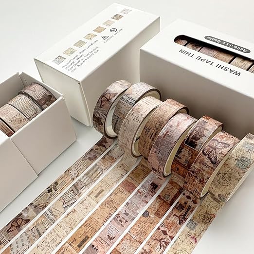 YUBX Vintage Washi Tape Set 8 Rolls Thin Retro Decorative Antique Patterns Masking Tapes for Arts, DIY Crafts, Journals, Planners, Scrapbook, Wrapping (Junk Books)