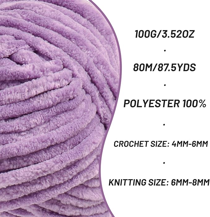 Fluffy Chenille Yarn for Crocheting, Chunky Velvet Yarns for Crochet Amigurumi, Baby Yarn for Crocheting Soft Blanket, 87.4yds /3.5 oz Bulky Yarns for Crafts/Hats/Shoes/Socks (Light Purple)