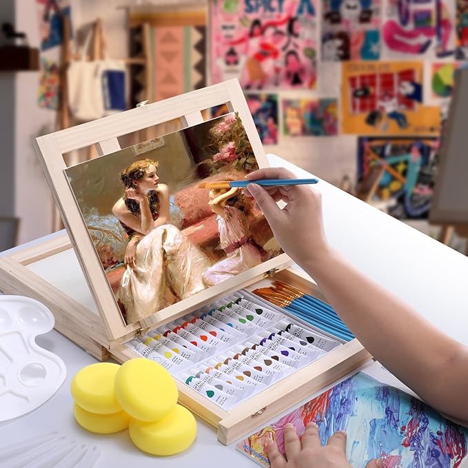 54 Pieces Watercolor Paint Set with Tabletop Easel, Complete Starter Painting Art Supplies with Watercolor Paints, Canvases, Sketch Pads, Brushes and Palette for Beginners Young Artists and Adults