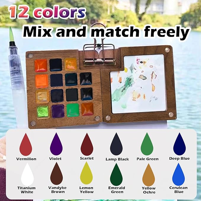 Mini Watercolor Paint Set, Portable Travel Art Kit with 12-Color Paint, 6 Brushes, 2 Sketchbooks & Crossbody Bag - Ideal for Artists & Beginners (walnut color)